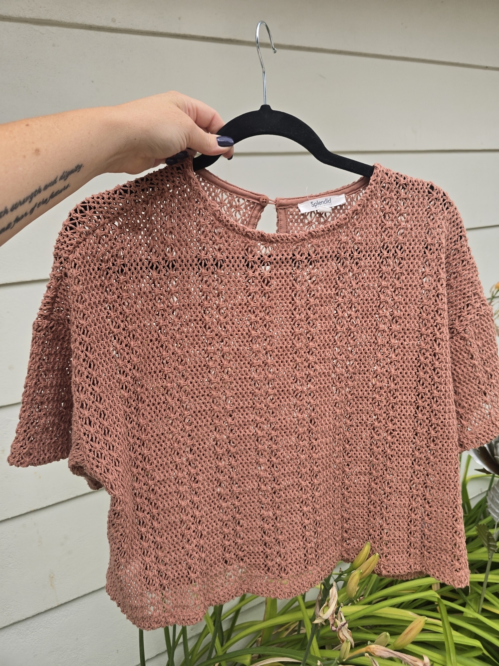 Splendid Cropped Dusty Rose Crochet Knit Top